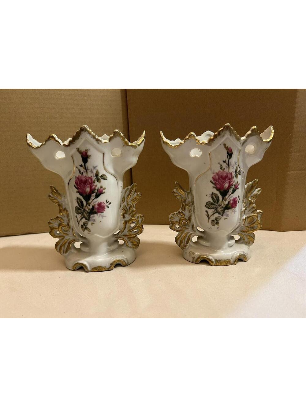 Pair 19C French Old Paris Porcelain Hand Painted Gold Decorated Mantle Vases
